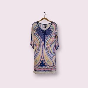 Yahada Women's Tunic Dress Multicolor Short Stretch Fringe Hem USA Size Small